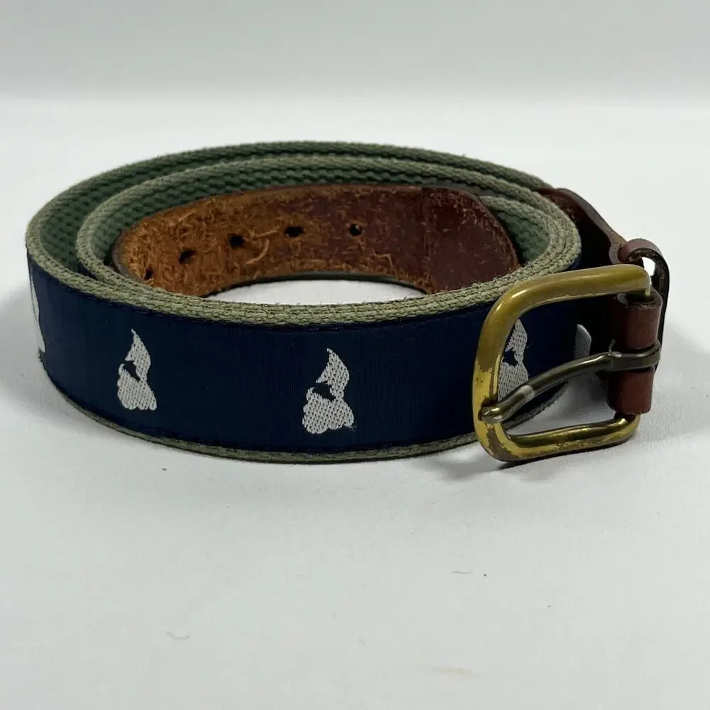 BLOCK ISLAND Belt Mens 34 Ribbon Webbing Leather Map Rhode Island Blue
